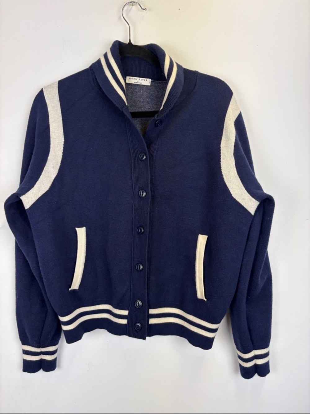 Moon River Varsity Cardigan Navy Cream Striped Button Front Sweater Size M